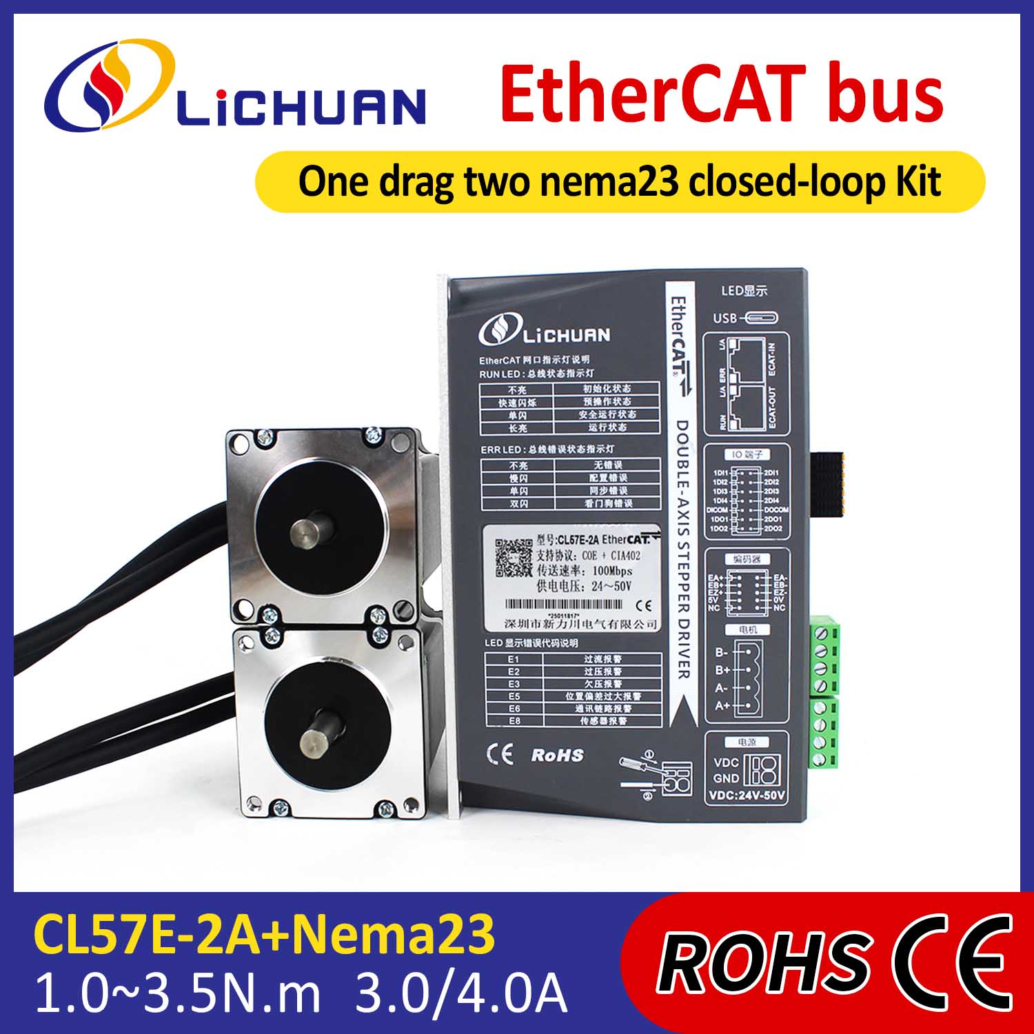 Kit driver per motori passo-passo CC ad anello chiuso EtherCAT 2 fasi Nema23 a 2 assi