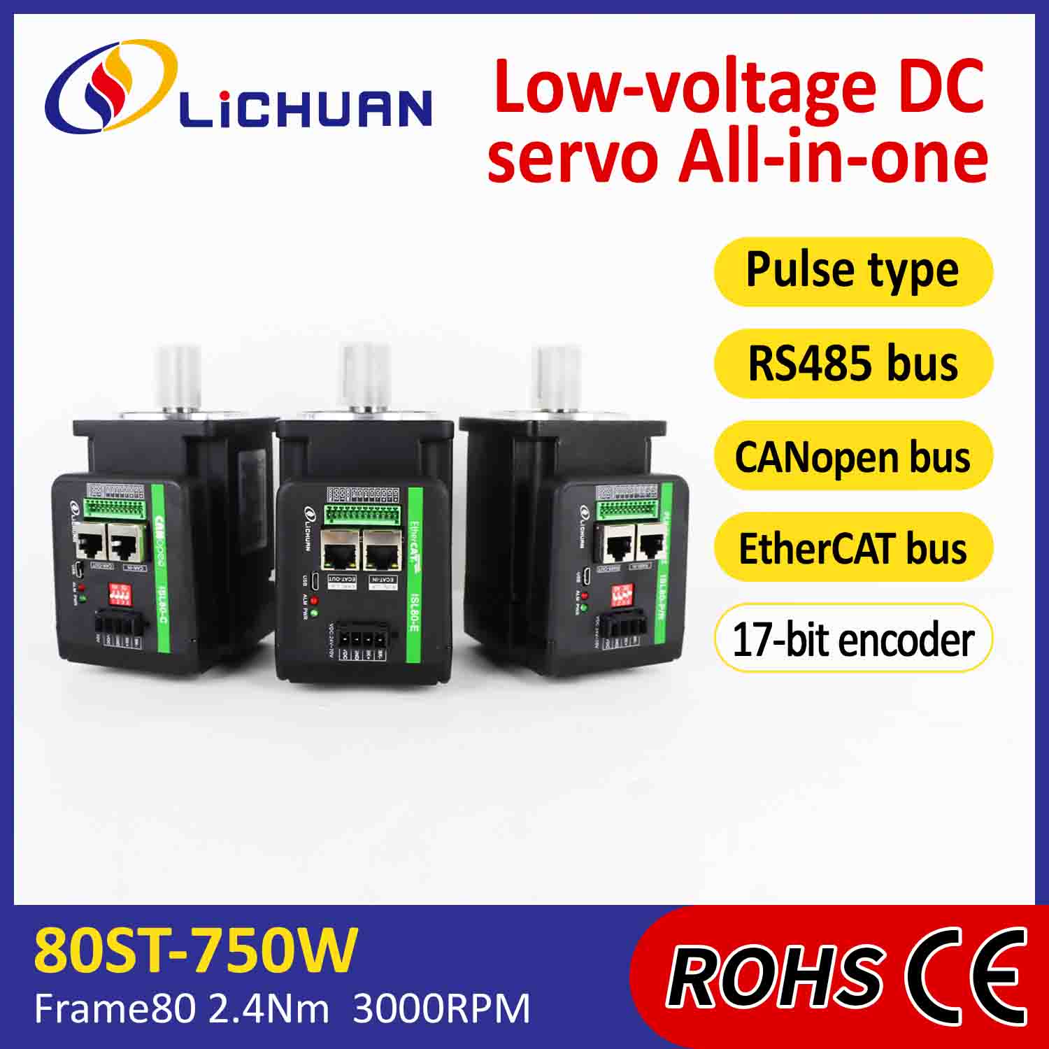 Driver per servomotori integrati Lichuan a forma di L 750W 2.4N.m DC48V 20A 3000RPM IP65